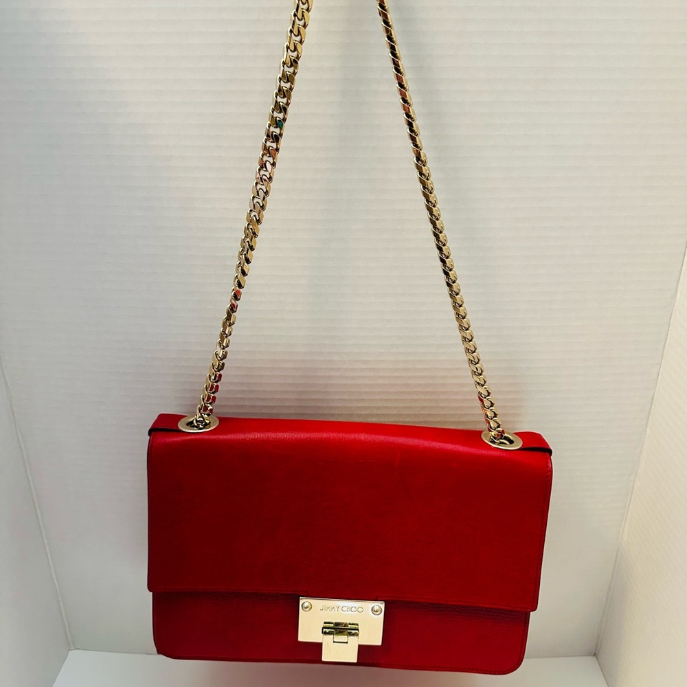 # 232 Jimmy Choo Red and Gold Shoulder Bag with Chain Strap